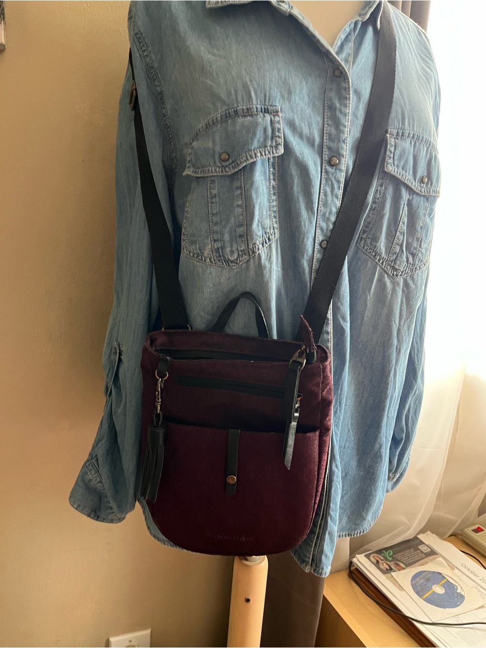 Sherpani Burgundy Crossbody Bag with Black Strap